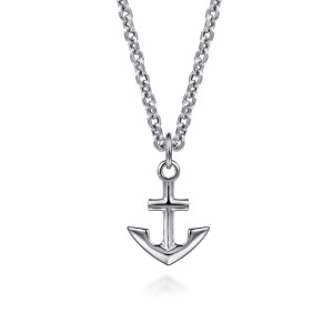 Gabriel & Co. NKM2190-22SVJJJ sterling silver Modern Relics men's pendant necklace, front view of the smooth anchor with its crossbar, ring and pointed flukes on the chain
