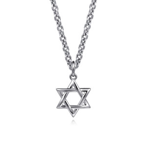 Gabriel & Co. NKM2191-22SVJJJ sterling silver Modern Relics men's pendant necklace, front view of the interlaced star with its rounded bail on a faceted cable chain