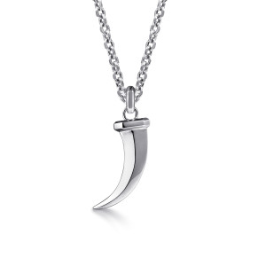 Gabriel & Co. NKM2192-22SVJJJ sterling silver Modern Relics men's pendant necklace, front view of the curved horn showing a bright polished face and a darker reflective side