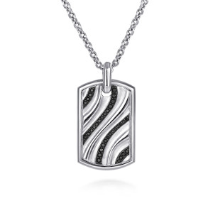 Gabriel & Co. NKM2207-22SVJBS sterling silver Meridian men's pendant necklace, front view of a wave carved dog tag with curving rows of small black stones