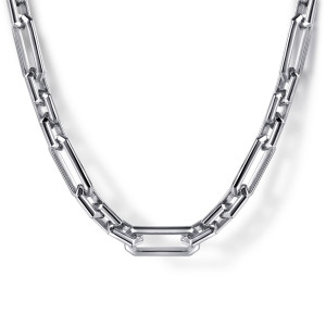 Gabriel & Co. NKM2240-20SVJJJ sterling silver Facets men's chain necklace, close detail of long open links with beveled corners hinged by short links at the center