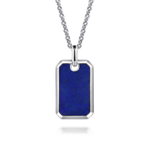Gabriel & Co. NKM2248-22SVJLP sterling silver Contemporary men's pendant necklace, front view of a tag with a deep blue flecked panel in a thin polished frame