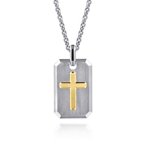 Gabriel & Co. NKM2249-22MZJJJ sterling silver and 14 karat yellow gold Modern Relics men's pendant necklace, front view of the brushed tag with a raised cross with angled arm ends