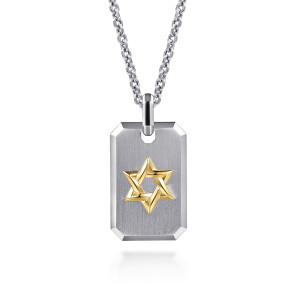 Gabriel & Co. NKM2260-22MZJJJ sterling silver and 14 karat yellow gold Modern Relics men's pendant necklace, front view of the brushed tag, its clipped polished corners and the raised warm toned star