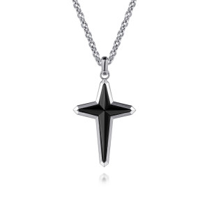 Gabriel & Co. NKM2269-22SVJOX sterling silver Modern Relics men's pendant necklace, front view of the cross on its chain, with a raised black inlay inside a polished border