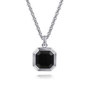 Gabriel & Co. NKM2270-22SVJOX sterling silver Modern Relics men's pendant necklace, front view of the black faceted stone inside its stepped polished frame and top loop