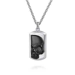 Gabriel & Co. NKM2273-22SVJJJ sterling silver Vita Ex Morte men's pendant necklace, front view of the dog tag with a blackened half skull showing one eye socket and teeth