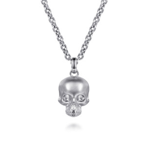 Gabriel & Co. NKM2274-22SVJJJ sterling silver Vita Ex Morte men's pendant necklace, front view of the satin skull showing deep eye sockets, carved teeth and a polished bail