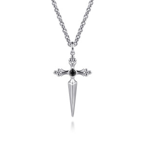 Gabriel & Co. NKM2278-22SVJBS sterling silver Forged in Love men's pendant necklace, front view of the dagger cross with studded arm tips and a black stone at the crossing