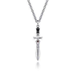 Gabriel & Co. NKM2284-22SVJGN sterling silver Forged in Love men's pendant necklace, front view of the dagger pendant with a black grip, red stone and openwork guard