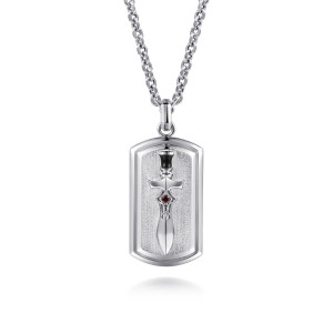 Gabriel & Co. NKM2285-22SVJGN sterling silver Forged in Love men's pendant necklace, front view of a dog tag pendant with a black gripped dagger and a small red stone
