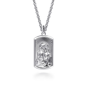 Gabriel & Co. NKM2305-20SVJJJ sterling silver Modern Relics men's pendant necklace, front view of the raised relief figure with fanned lines behind and the smooth rim