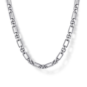 Gabriel & Co. NKM2310-20SVJJJ sterling silver Contemporary men's chain necklace, front view of long open rectangular links alternating with short rounded links in a smooth drape