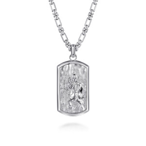 Gabriel & Co. NKM2311-22SVJJJ sterling silver Modern Relics men's pendant necklace, front view of the tag with a polished rim around a raised figure on a rippled field