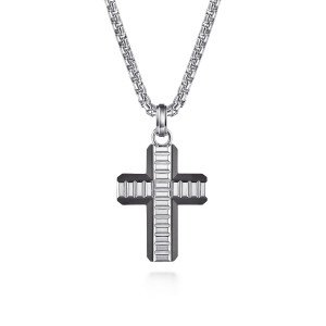 Gabriel & Co. NKM2318-22TVJJJ Titanium and sterling silver Geo men's pendant necklace, front view of the cross with polished stepped ribs and a cylindrical bail