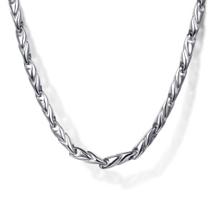 Gabriel & Co. NKM6767-20SVJJJ sterling silver Meridian men's chain necklace, close detail of tapered twisted links with angled grooves and round openings at the joins