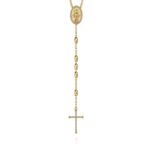 Gabriel & Co. NKM6781-27Y45JJ 14 karat yellow gold Modern Relics men's chain necklace, front view of the medallion, bead and chain drop and the narrow diamond cross