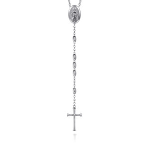 Gabriel & Co. NKM6783-27SVJJJ sterling silver Modern Relics men's chain necklace, front view of the drop with an oval medallion, a run of oval beads and a knob-ended cross
