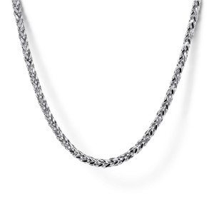 Gabriel & Co. NKM7008-20W4JJJ 14 karat white gold Facets men's chain necklace, front view of the braided wheat pattern with slanted links curving in a close polished line