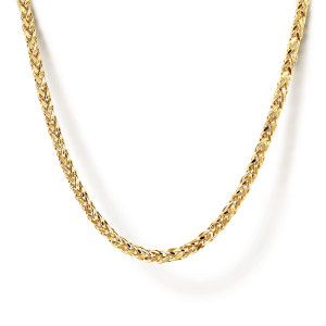Gabriel & Co. NKM7008-20Y4JJJ 14 karat yellow gold Facets men's chain necklace, front view of overlapping angled links braided into a plait that gleams along the curve