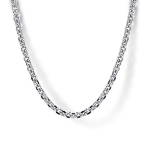 Gabriel & Co. NKM7009-20SVJJJ sterling silver Contemporary men's chain necklace, front view of the oval links curving in a wide U with flat sides flashing dark and bright
