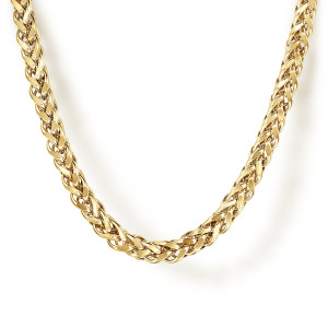 Gabriel & Co. NKM7011-20Y4JJJ 14 karat yellow gold Facets men's chain necklace, front view of the plaited wheat links curving in a deep U with bright ridges