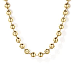 Gabriel & Co. NKM7155-20Y4JJJ 14 karat yellow gold Bujukan men's chain necklace, front view of large glossy balls hanging in a curve, each linked by a short straight bar