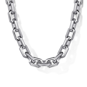 Gabriel & Co. NKM7350-20SVJJJ sterling silver Contemporary men's chain necklace, close detail of the flat faced rectangular links with angled corners meeting at the center