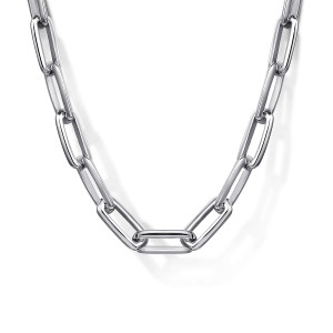 Gabriel & Co. NKM7351-20SVJJJ sterling silver Contemporary men's chain necklace, front view of open paperclip links with the center link lying flat between tilted neighbors