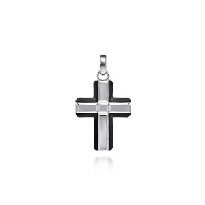 Gabriel & Co. PCM20019TVJJJ Titanium and sterling silver Geo men's cross pendant, front view of the smooth beveled bars meeting at a small square center