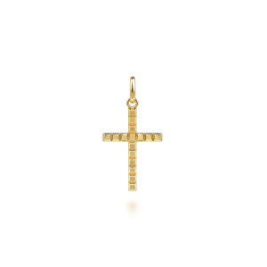 Gabriel & Co. PCM20021Y4JJJ 14 karat yellow gold Geo men's cross pendant, front view of the cross, rows of tiny stepped square blocks along the shaft and both arms