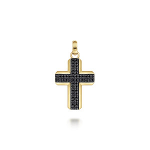 Gabriel & Co. PCM20031Y4JBD 14 karat yellow gold Contemporary men's cross pendant, front view of the cross with a polished border around close set black stones