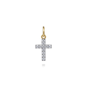 Gabriel & Co. PCM20033Y45JJ 14 karat yellow gold Contemporary men's cross pendant, front view of the cross with its single line of small diamonds