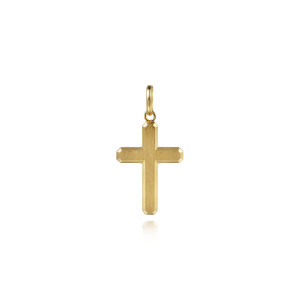 Gabriel & Co. PCM20040Y4JJJ 14 karat yellow gold Contemporary men's cross pendant, front view of the brushed cross with beveled edges, clipped arm ends and an open round bail