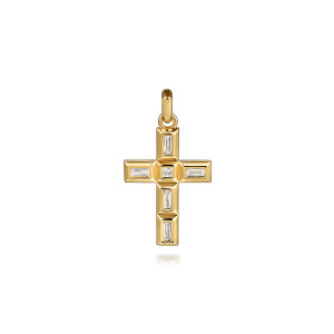 Gabriel & Co. PCM20138Y44JJ 14 karat yellow gold Geo men's cross pendant, front view of the cross with narrow diamonds in beveled frames and a square one at the crossing