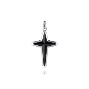 Gabriel & Co. PCM20168SVJOX sterling silver Contemporary men's cross pendant, front view of the pointed arms, the raised black ridges and the polished beveled border