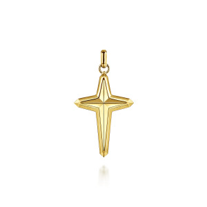 Gabriel & Co. PCM20203Y4JJJ 14 karat yellow gold Contemporary men's cross pendant, front view of the cross with a faceted peak at the center and a stepped outline