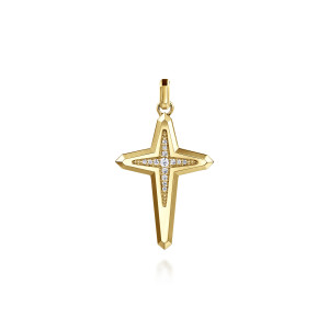 Gabriel & Co. PCM20209Y45JJ 14 karat yellow gold Contemporary men's cross pendant, front view of the beveled pointed cross with a star shaped line of diamonds at the center