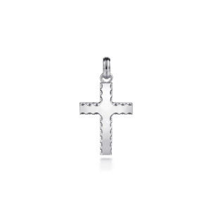 Gabriel & Co. PCM6534SVJJJ sterling silver Facets men's cross pendant, front view of the cross showing the scalloped edge along each arm and the rounded bail