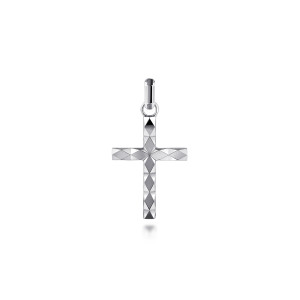 Gabriel & Co. PCM6538SVJJJ sterling silver Facets men's cross pendant, front view of the cross showing rows of rhombus facets and a short tubular bail