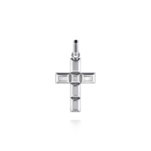 Gabriel & Co. PCM6540SVJJJ sterling silver Geo men's cross pendant, front view of the beveled block cross with the raised square at the crossing