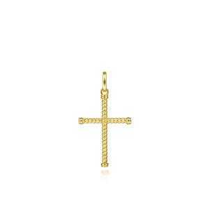 Gabriel & Co. PCM6541Y4JJJ 14 karat yellow gold Hampton men's cross pendant, front view of an upright cross with twisted rope bars, banded end caps and a tall bail