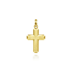 Gabriel & Co. PCM6542Y4JJJ 14 karat yellow gold Contemporary men's cross pendant, front view of the cross with a satin face and polished beveled arm ends