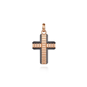 Gabriel & Co. PCM6543TKJJJ Titanium and 14 karat rose gold Geo men's pendant, front view of the ribbed cross on a black backing with clipped corners
