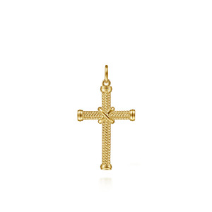 Gabriel & Co. PCM6545Y4JJJ 14 karat yellow gold Hampton men's cross pendant, front view of the cord textured cross with ridged end caps and a crossed center band