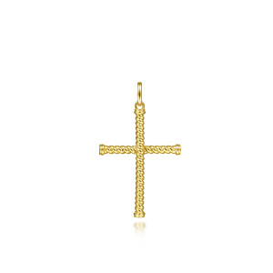 Gabriel & Co. PCM6546Y4JJJ 14 karat yellow gold Hampton men's cross pendant, front view of the cross with a twisted rope pattern and banded caps at the arm ends