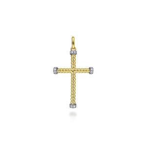 Gabriel & Co. PCM6547Y45JJ 14 karat yellow gold Hampton men's cross pendant, front view of a rope twist cross with diamond bands at each arm end