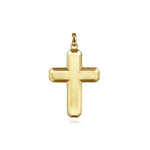 Gabriel & Co. PCM6578Y4JJJ 14 karat yellow gold Contemporary men's cross pendant, front view of the brushed cross with beveled edges and cut corners on each arm