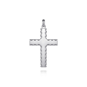 Gabriel & Co. PCM6580SVJJJ sterling silver Facets men's cross pendant, front view of the smooth polished face and the scalloped edge cut along every arm