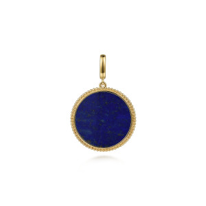 Gabriel & Co. PT6596Y4JLP 14 karat yellow gold Bujukan pendant, front view of the speckled blue stone face inside the beaded rim